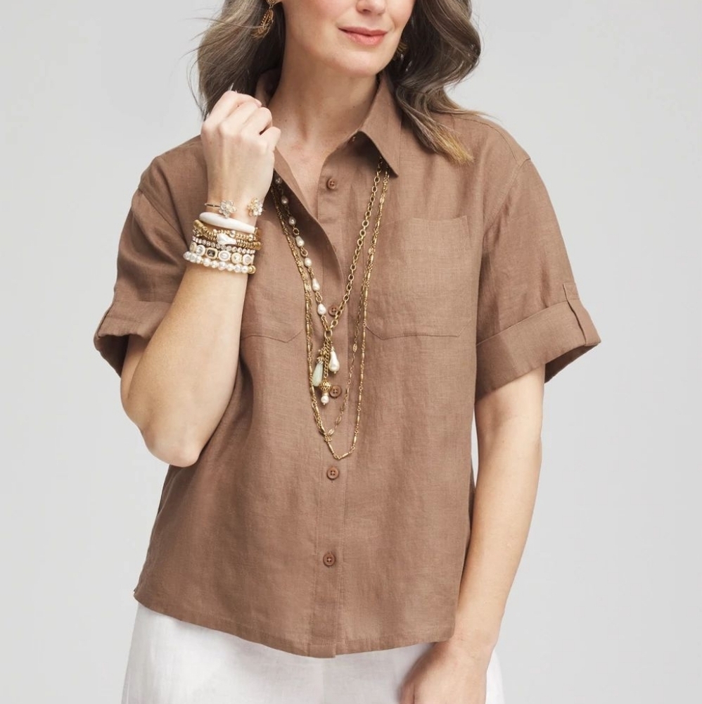 Chico's Brown Casual Button Down Linen Shirt